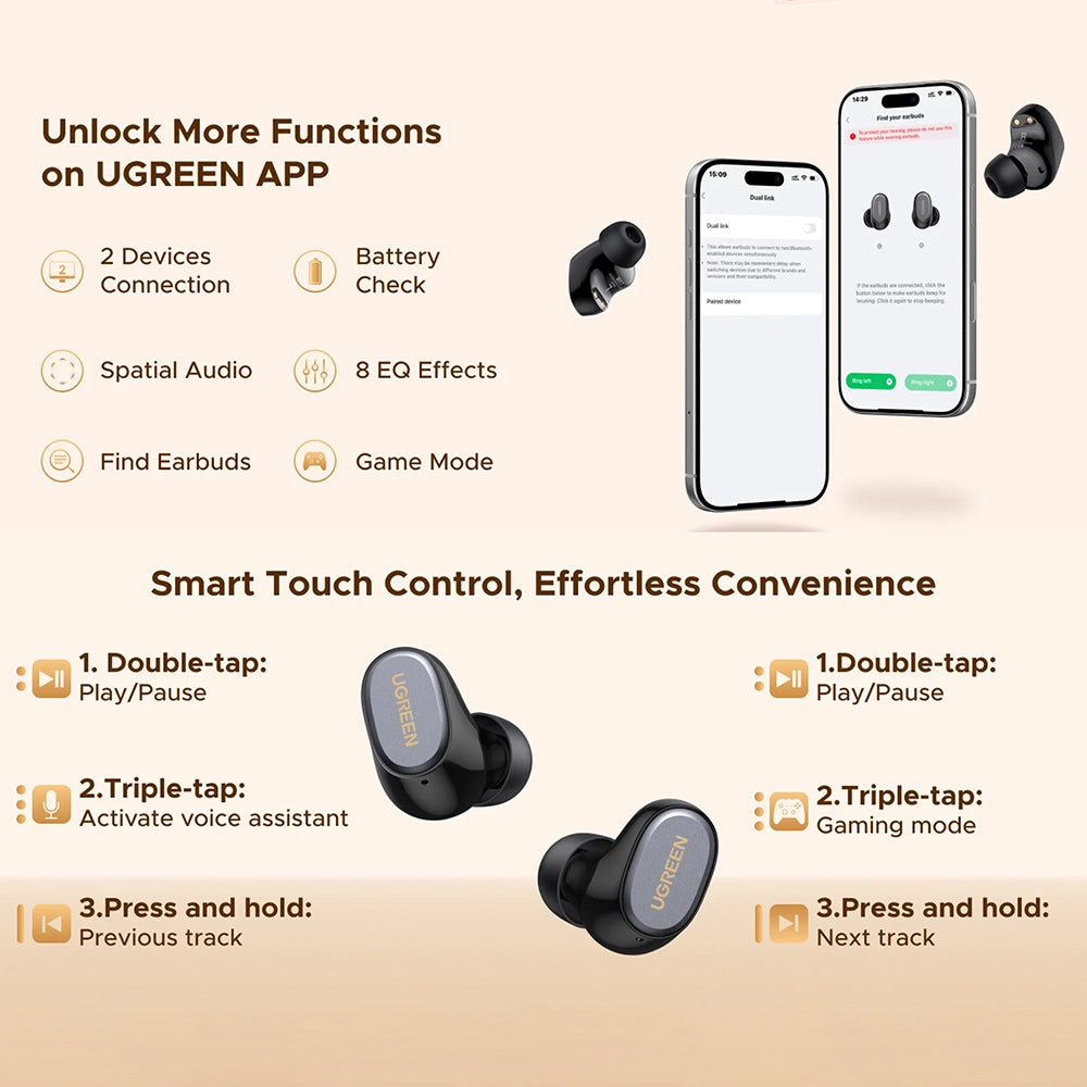 Kit mains libres Bluetooth UGREEN Dots (75628), TWS, MultiPoint, Noir
