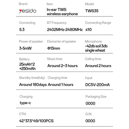 Kit mains libres Bluetooth Yesido TWS35, TWS, Blanc