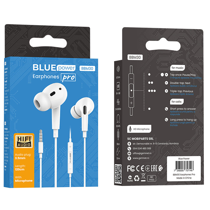 Kit mains libres 3.5mm BLUE Power BBM30 Pro, Blanc