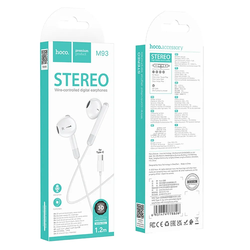 Kit mains libres USB-C HOCO M93, blanc