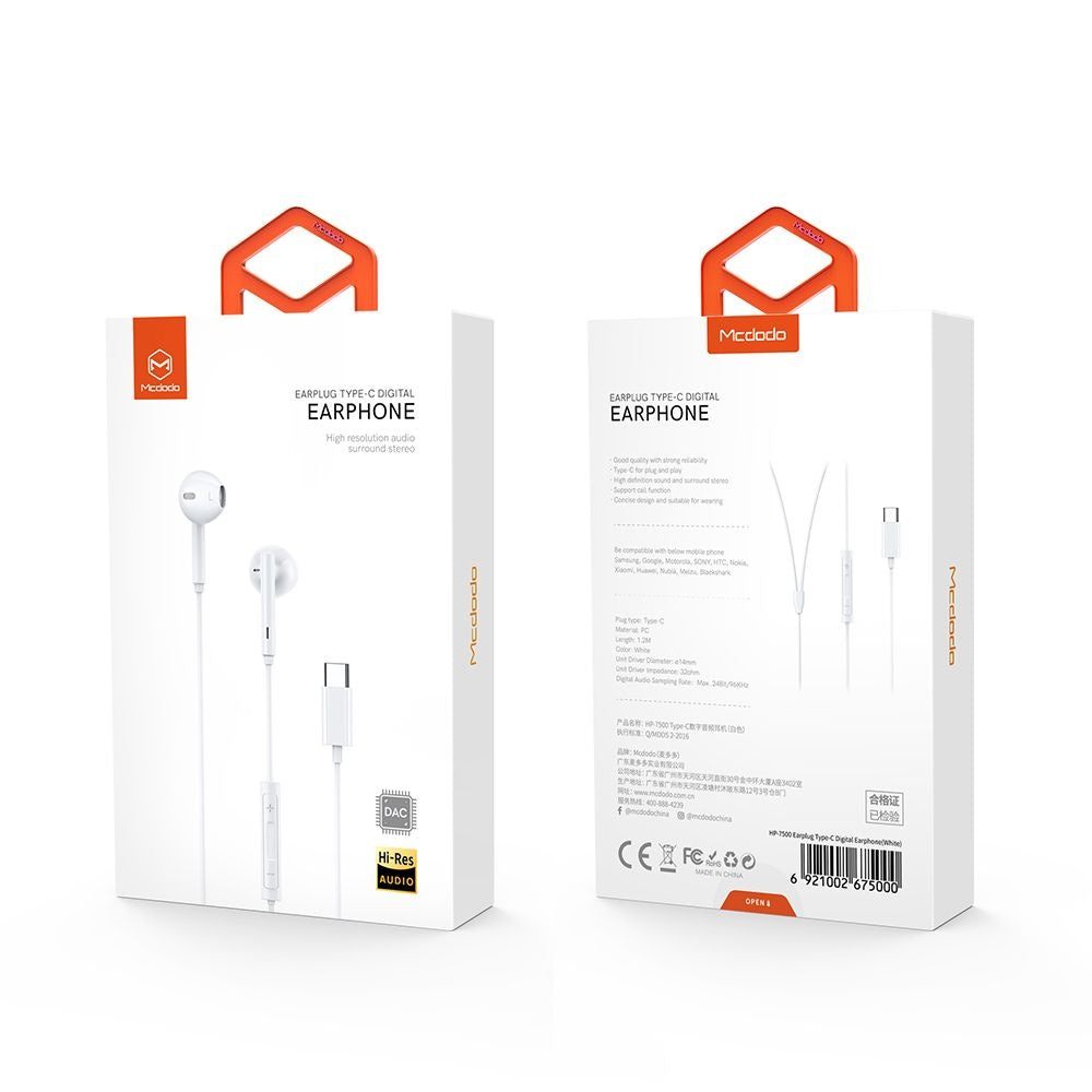 Handsfree USB-C McDodo HP-7500, 1.2m, White