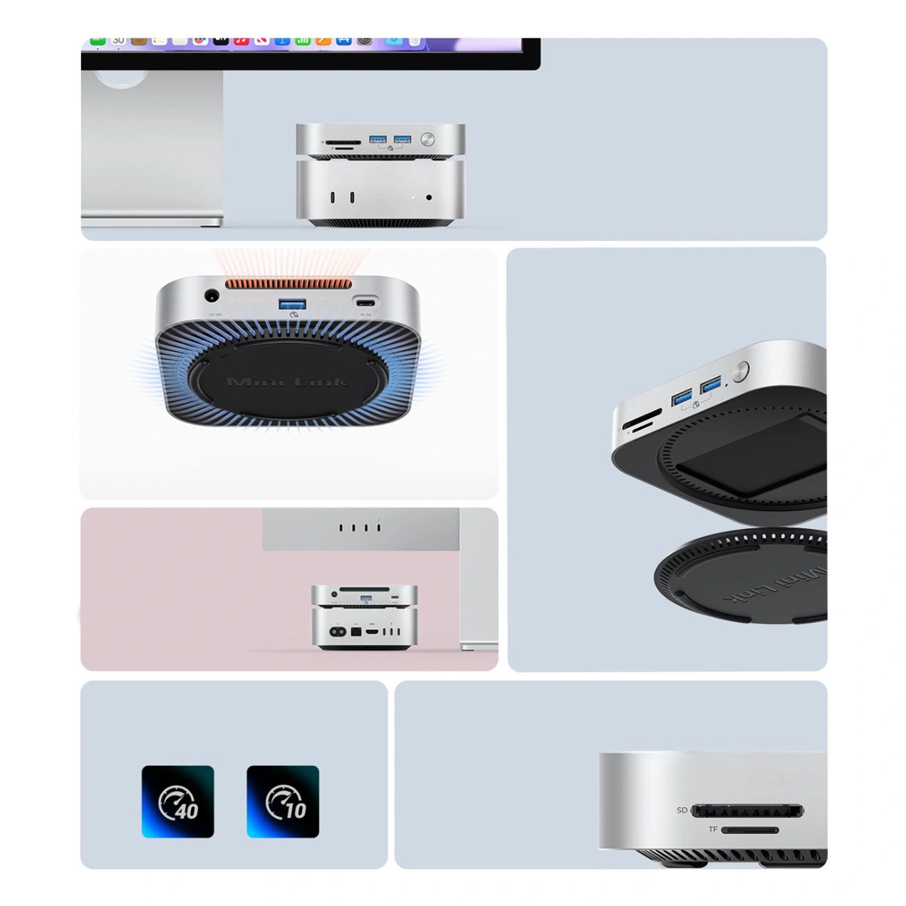 Hub Multifonctionnel Orico MiniLink M49P pour Apple Mac Mini M4, 9-en-1, Argent