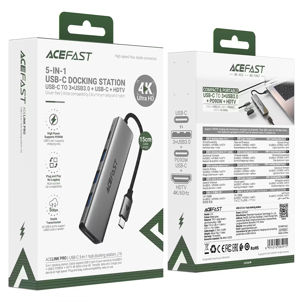Hub USB-C Acefast J16, 5-en-1, Gris