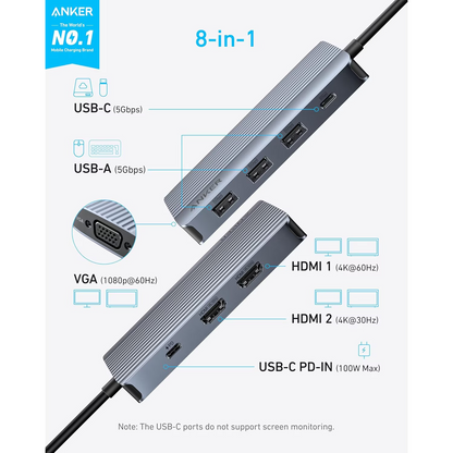 Hub USB-C Anker, 3 x USB-A 3.0 - 2 x USB-C - 2 x HDMI - 1 x VGA, Gris A83790A2