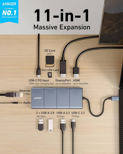 Anker PowerExpand USB-C Hub, 1 x USB-A 3.2 - 2 x USB-A - 2 x USB-C - 1 x Display Port - 1 x HDMI - 1 x 3.5mm Jack - 1 x RJ45 - 1 x SD - 1 x microSD, Gray