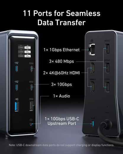 Hub Multifonctionnel Anker Prime 737, 2 x USB-A 3.0 - 3 x USB-A - 5 x USB-C - 2 x HDMI - 1 x Jack 3.5mm - 1 x RJ45, Noir A83B63A1