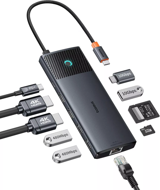 Hub USB-C Baseus Dual Display, 1 x USB-A 3.0 - 2 x USB-A - 2 x USB-C - 2 x HDMI - 1 x RJ45 - 1 x SD - 1 x microSD, Noir B00061800123-01