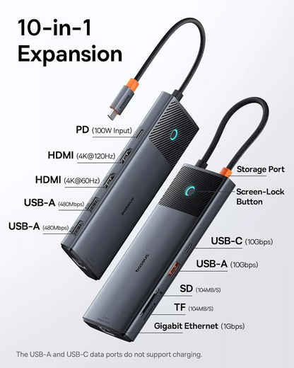 Hub USB-C Baseus Dual Display, 1 x USB-A 3.0 - 2 x USB-A - 2 x USB-C - 2 x HDMI - 1 x RJ45 - 1 x SD - 1 x microSD, Noir B00061800123-01