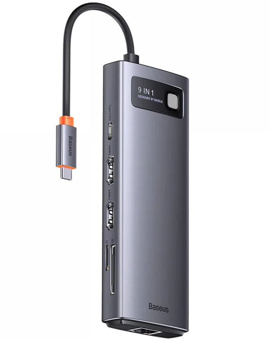 Hub USB-C Baseus Joystar, 2 x USB-A 3.2 - 1 x USB-A - 1 x USB-C - 2 x HDMI - 1 x RJ45 - 1 x SD - 1 x microSD, Gris WKWG060013