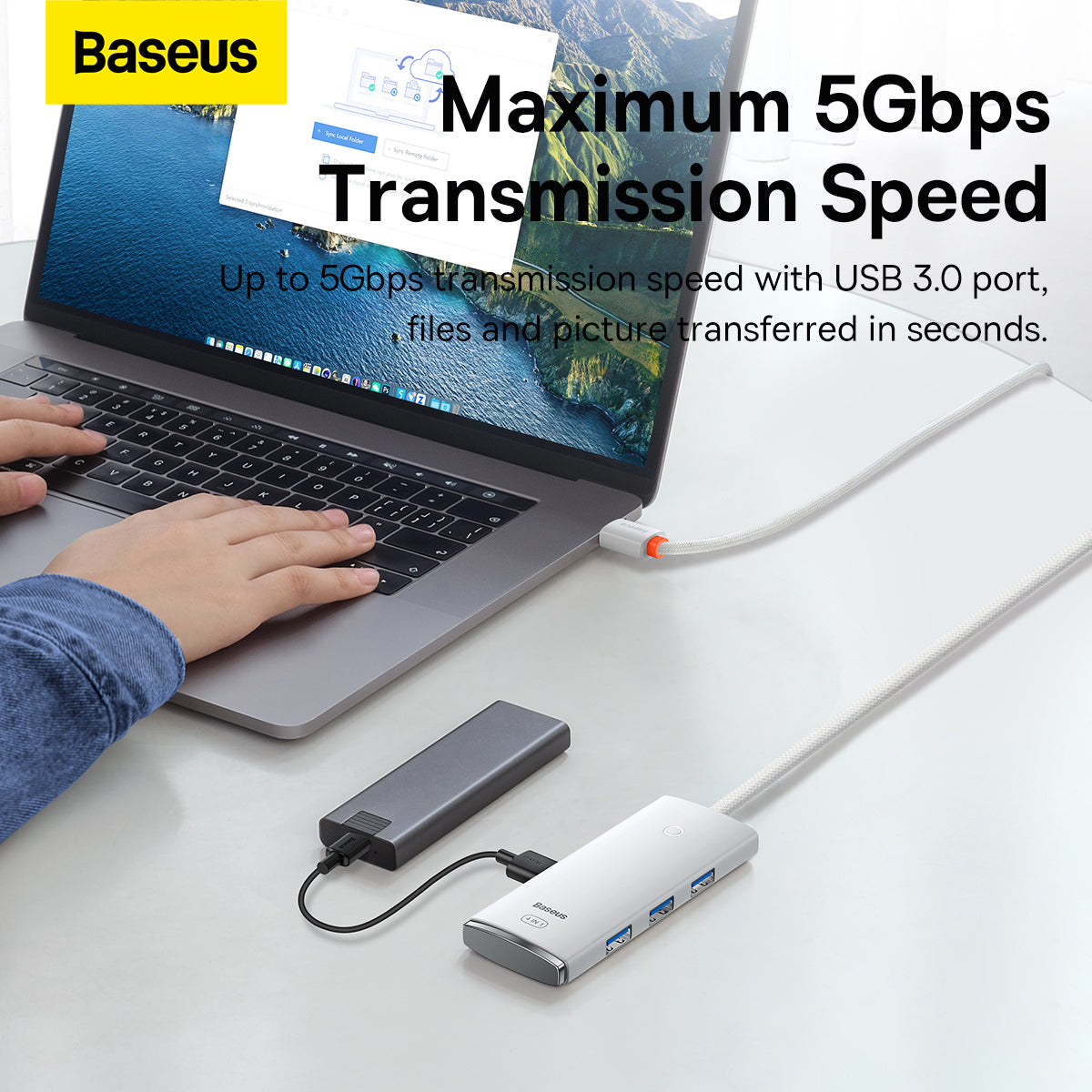 Hub USB-C Baseus Lite, 4 x USB-A 3.2, 2m, Blanc