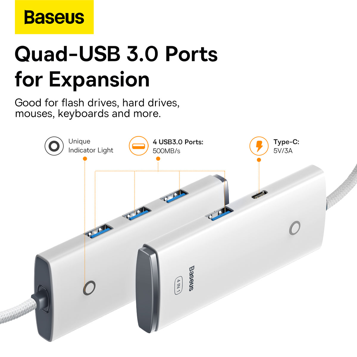Hub USB-C Baseus Lite, 4 x USB-A 3.2, 2m, Blanc