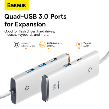 Hub USB-C Baseus Lite, 4 x USB-A 3.2, 2m, Blanc