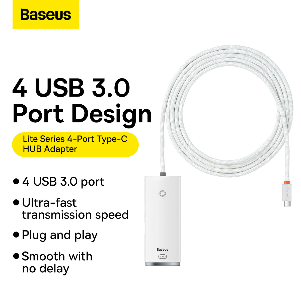 Hub USB-C Baseus Lite, 4 x USB-A 3.2, 2m, Blanc