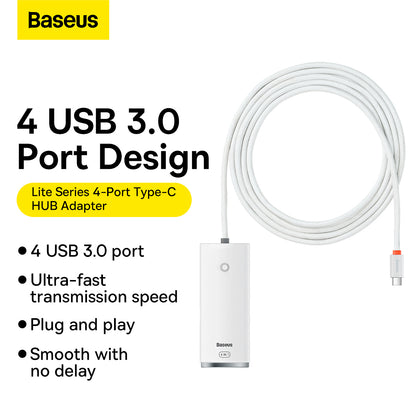 Hub USB-C Baseus Lite, 4 x USB-A 3.2, 2m, Blanc