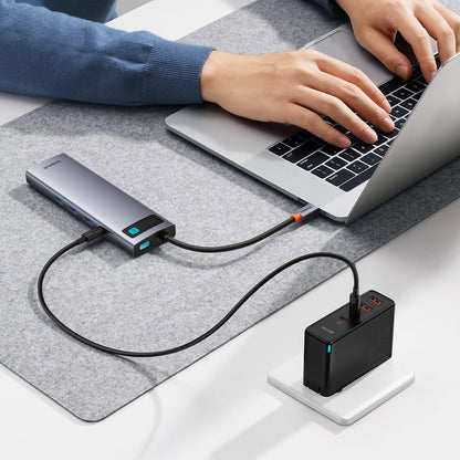 Hub USB-C Baseus Metal Gleam, 1 x USB-C - 3 x USB-A 3.0 - 1 x USB-A 3.0 - 1 x USB-A - 1 x HDMI - 1 x VGA - 1 x jack 3.5mm - 1 x RJ45 - 1 x SD - 1 x microSD, Gris