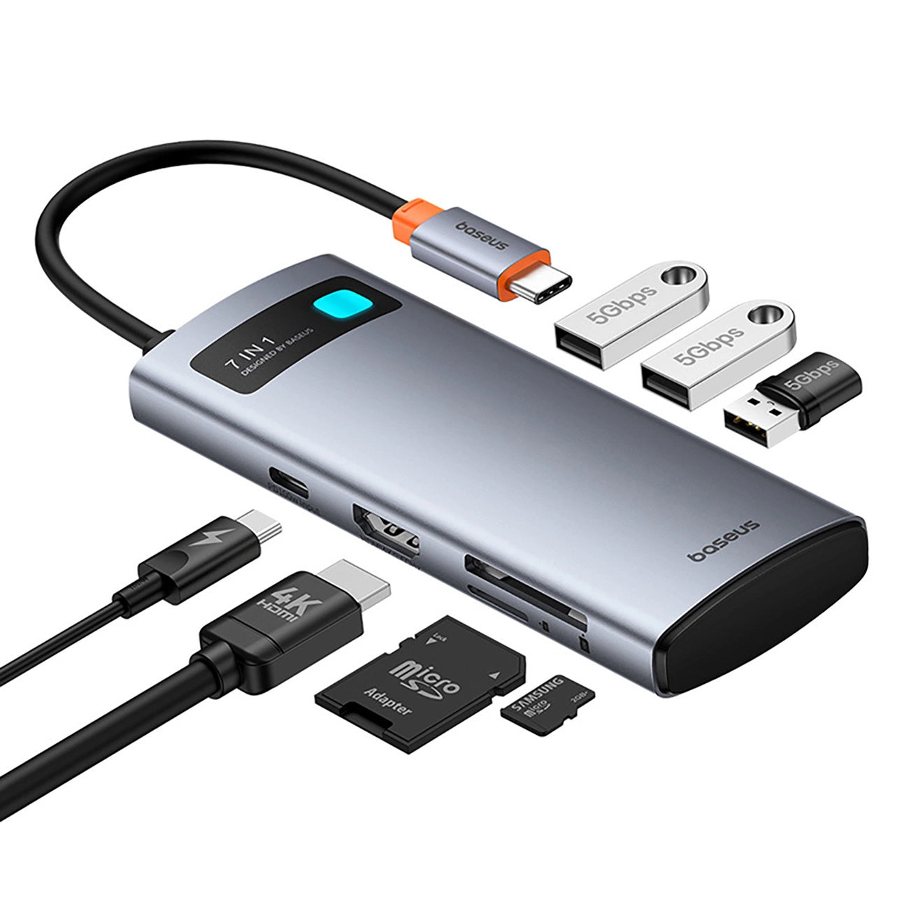 Hub USB-C Baseus Metal Gleam, 3 x USB-A 3.0 - 1 x USB-C - 1 x HDMI - 1 x SD - 1 x microSD, Gris B00030708811-01
