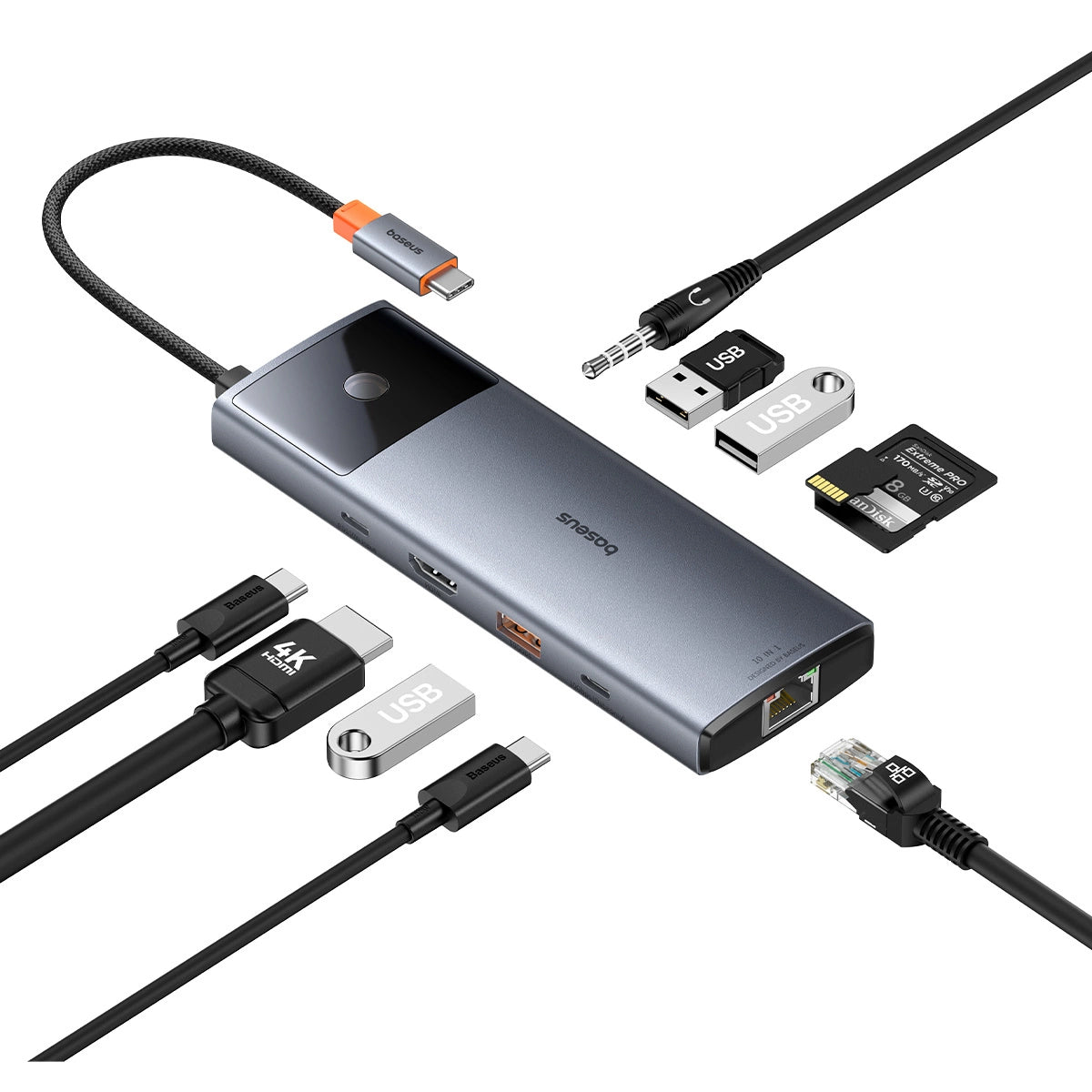 Hub USB-C Baseus Metal Gleam II, 2 x USB-C - 3 x USB-A - 1 x HDMI - 1 x jack 3,5 mm - 1 x RJ45 - 1 x SD - 1 x microSD, Gris