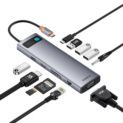 Hub USB-C Baseus Metal Gleam, 1 x USB-C - 3 x USB-A 3.0 - 1 x USB-A 3.0 - 1 x USB-A - 1 x HDMI - 1 x VGA - 1 x jack 3.5mm - 1 x RJ45 - 1 x SD - 1 x microSD, Gris