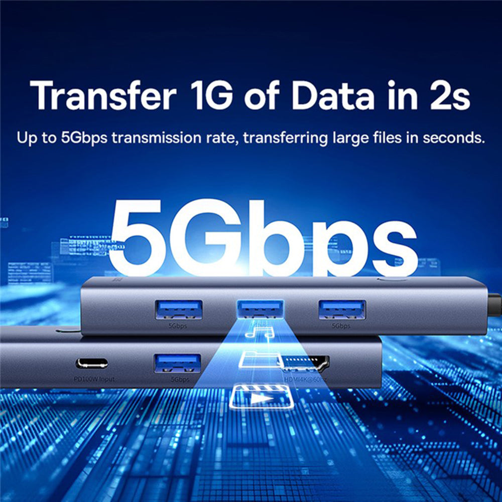 Hub USB-C Baseus UltraJoy, 4 x USB-A 3.0 - 1 x USB-C - 1 x HDMI - 1 x VGA, Gris B00052803811-01