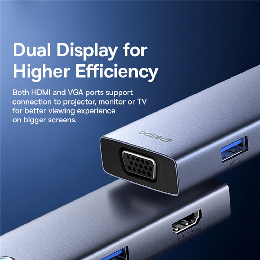 Hub USB-C Baseus UltraJoy, 4 x USB-A 3.0 - 1 x USB-C - 1 x HDMI - 1 x VGA, Gris B00052803811-01