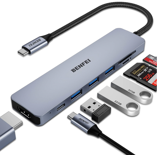 Hub USB-C Benfei, 3 x USB-A 3.0 - 1 x USB-C - 1 x HDMI - 1 x SD - 1 x microSD, Gris