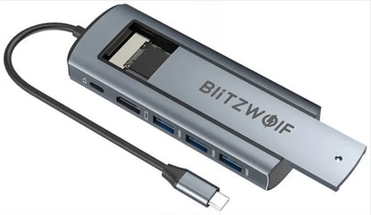 Hub USB-C BlitzWolf BW-Neo TH13, 3 x USB-A 3.0 - 1 x USB-C - 1 x Display Port - 1 x Interface SSD, Gris