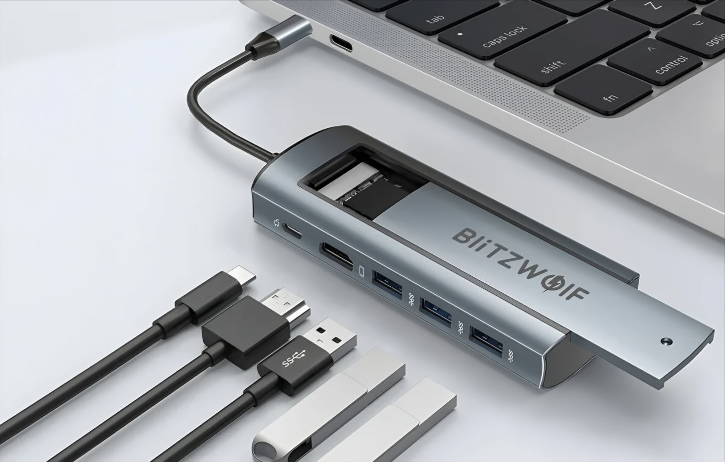 Hub USB-C BlitzWolf BW-Neo TH13, 3 x USB-A 3.0 - 1 x USB-C - 1 x Display Port - 1 x Interface SSD, Gris