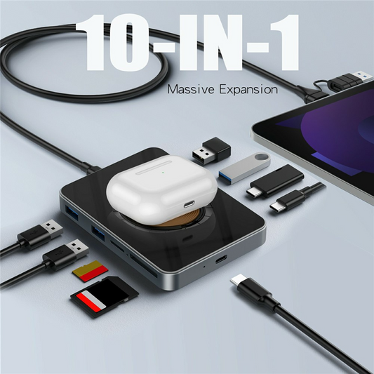 Hub USB-C avec Charge Sans Fil QI OEM YC7209, 10 en 1, Gris