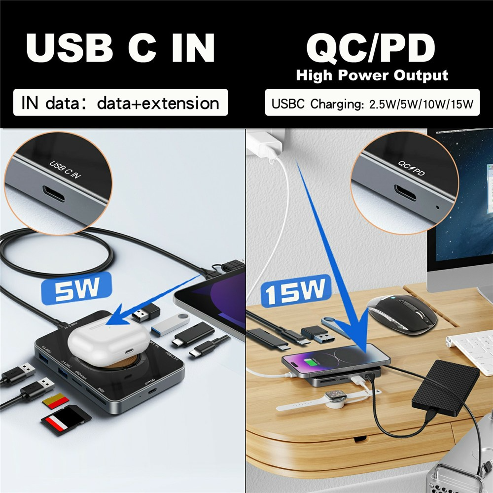 USB-C Hub with Wireless QI Charging OEM YC7209, 10in1, Gray