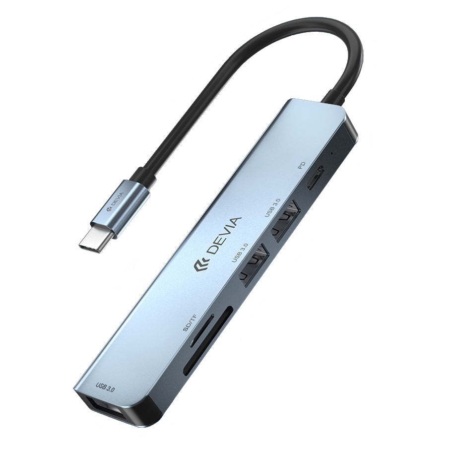 DEVIA EC135 Hub USB-C, 3 x USB-A 3.0 - 1 x USB-C - 1 x SD - 1 x microSD, Gris