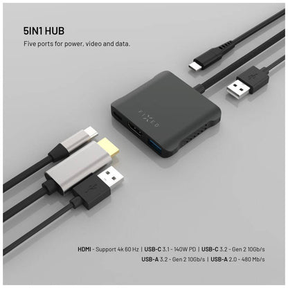 Hub USB-C Fixed Quadri, 5en1, Noir