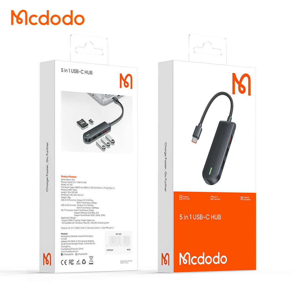 Hub USB-C McDodo HU-1430 Star, 5en1, Noir