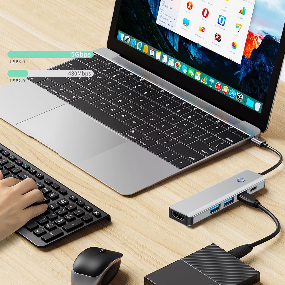 Hub USB-C Tech-Protect HB01, 1 x USB-A 3.0 - 2 x USB-A - 1 x USB-C - 1 x HDMI, Gris