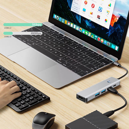 Hub USB-C Tech-Protect HB01, 1 x USB-A 3.0 - 2 x USB-A - 1 x USB-C - 1 x HDMI, Gris