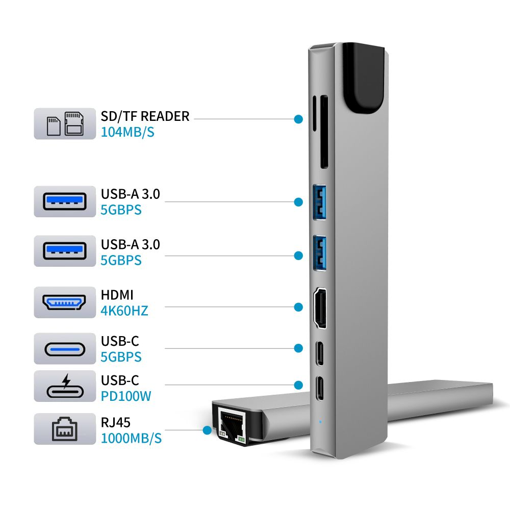 Hub USB-C Tech-Protect HB09, 2 x USB-A 3.0 - 2 x USB-C - 1 x HDMI - 1 x RJ45 - 1 x SD - 1 x microSD, Gris