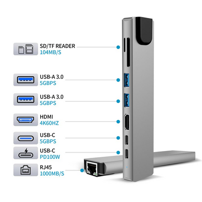 Hub USB-C Tech-Protect HB09, 2 x USB-A 3.0 - 2 x USB-C - 1 x HDMI - 1 x RJ45 - 1 x SD - 1 x microSD, Gris