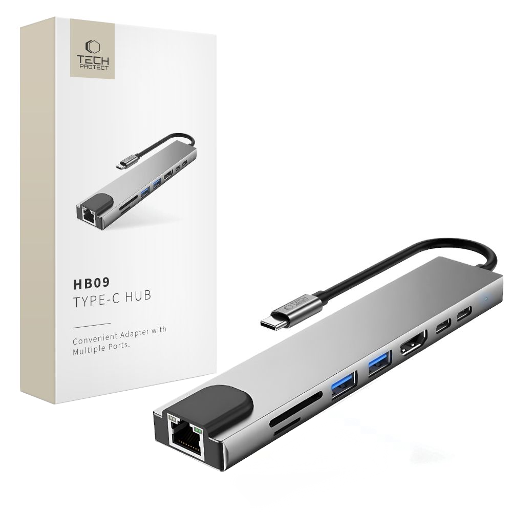 Hub USB-C Tech-Protect HB09, 2 x USB-A 3.0 - 2 x USB-C - 1 x HDMI - 1 x RJ45 - 1 x SD - 1 x microSD, Gris