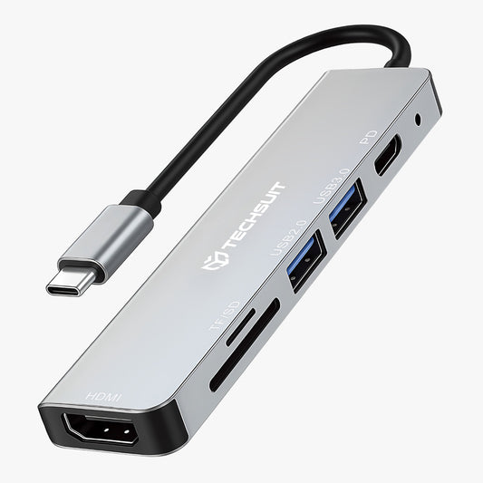 Hub USB-C Techsuit H5 TurboChargeX, 6en1, Gris