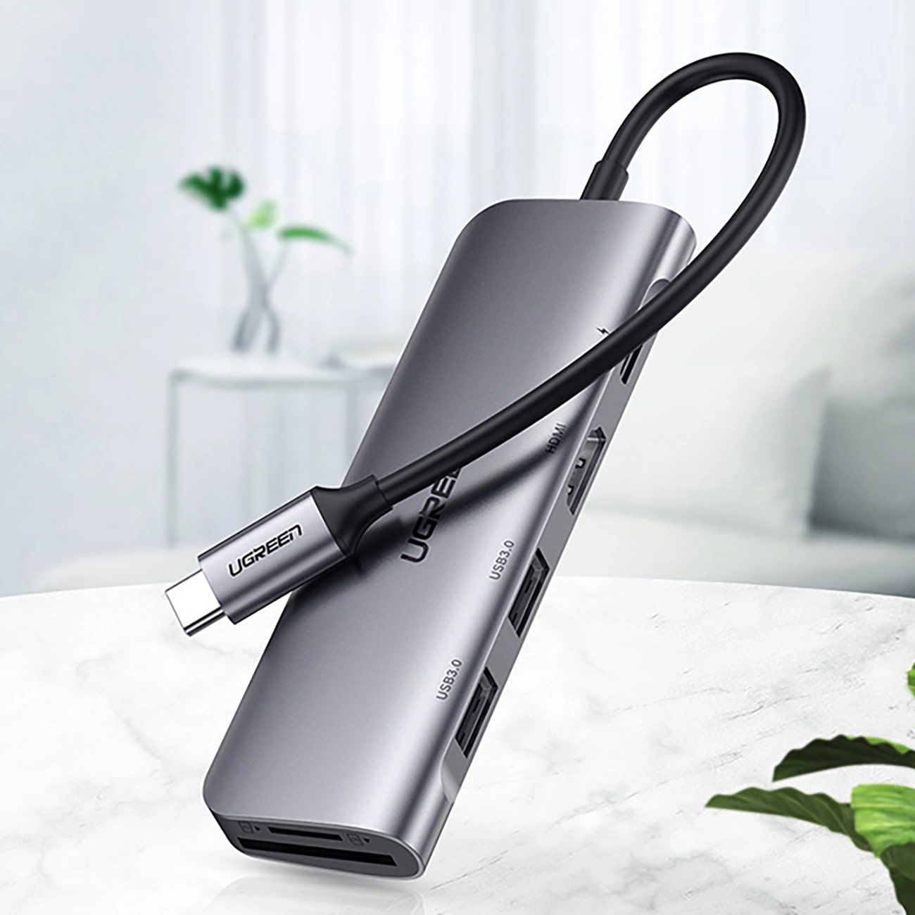 Hub USB-C UGREEN CM195 (15214), 2 x USB-A 3.0 - 1 x USB-C - 1 x HDMI - 1 x SD - 1 x microSD, Gris