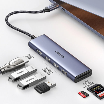 Hub USB-C UGREEN CM511 (20956A), 3 x USB-A 3.0 - 1 x HDMI - 1 x SD - 1 x microSD, Gris