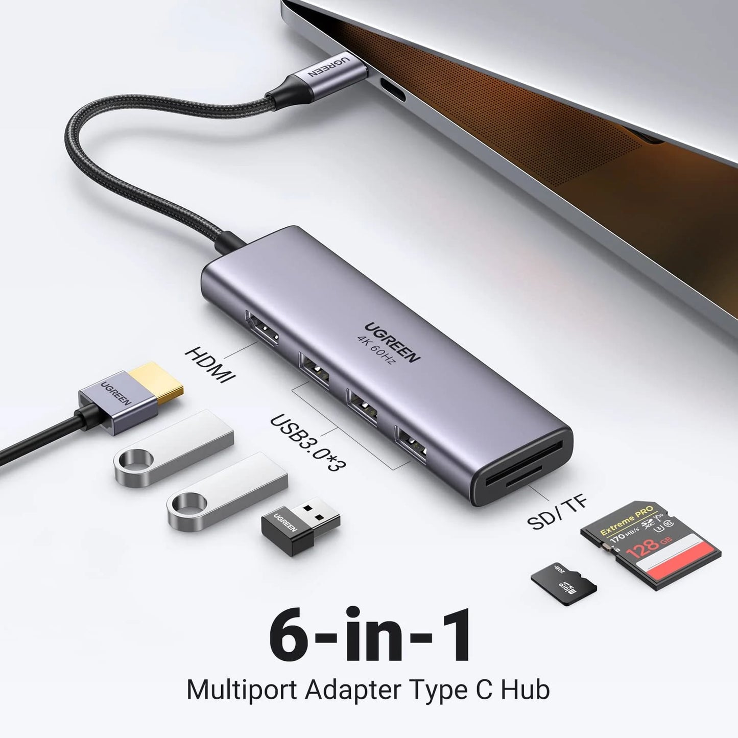 Hub USB-C UGREEN CM511 (60383), 3 x USB-A 3.2 - 1 x HDMI - 1 x SD - 1 x microSD, Gris