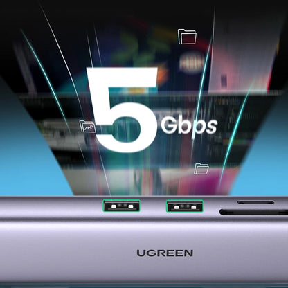 Hub USB-C UGREEN CM512, 2 x USB-A 3.0 - 1 x USB-C - 1 x HDMI - 1 x SD - 1 x microSD - RJ45, Gris