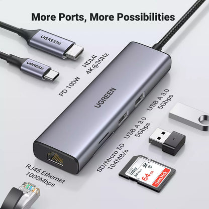 Hub USB-C UGREEN CM512, 2 x USB-A 3.0 - 1 x USB-C - 1 x HDMI - 1 x SD - 1 x microSD - RJ45, Gris