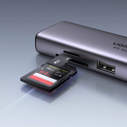 Hub USB-C UGREEN CM512 (60515), 2 x USB-A 3.0 - 1 x USB-C - 1 x HDMI - 1 x SD - 1 x microSD - 1 x RJ45, Gris