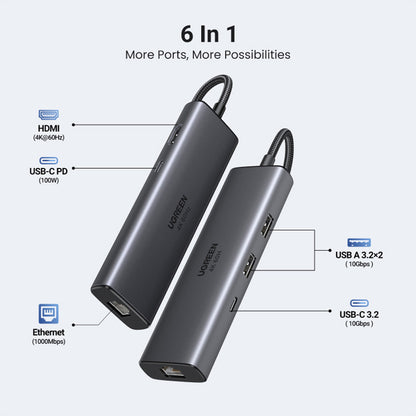 Hub USB-C UGREEN CM512 (45000), 2 x USB-A 3.2 - 2 x USB-C - 1 X HDMI - 1 x RJ45, Gris