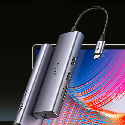 Hub USB-C UGREEN CM512, 2 x USB-A 3.0 - 1 x USB-C - 1 x HDMI - 1 x SD - 1 x microSD - RJ45, Gris