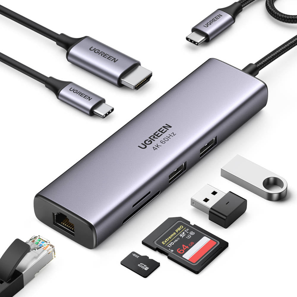 Hub USB-C UGREEN CM512 (60515), 2 x USB-A 3.0 - 1 x USB-C - 1 x HDMI - 1 x SD - 1 x microSD - 1 x RJ45, Gris