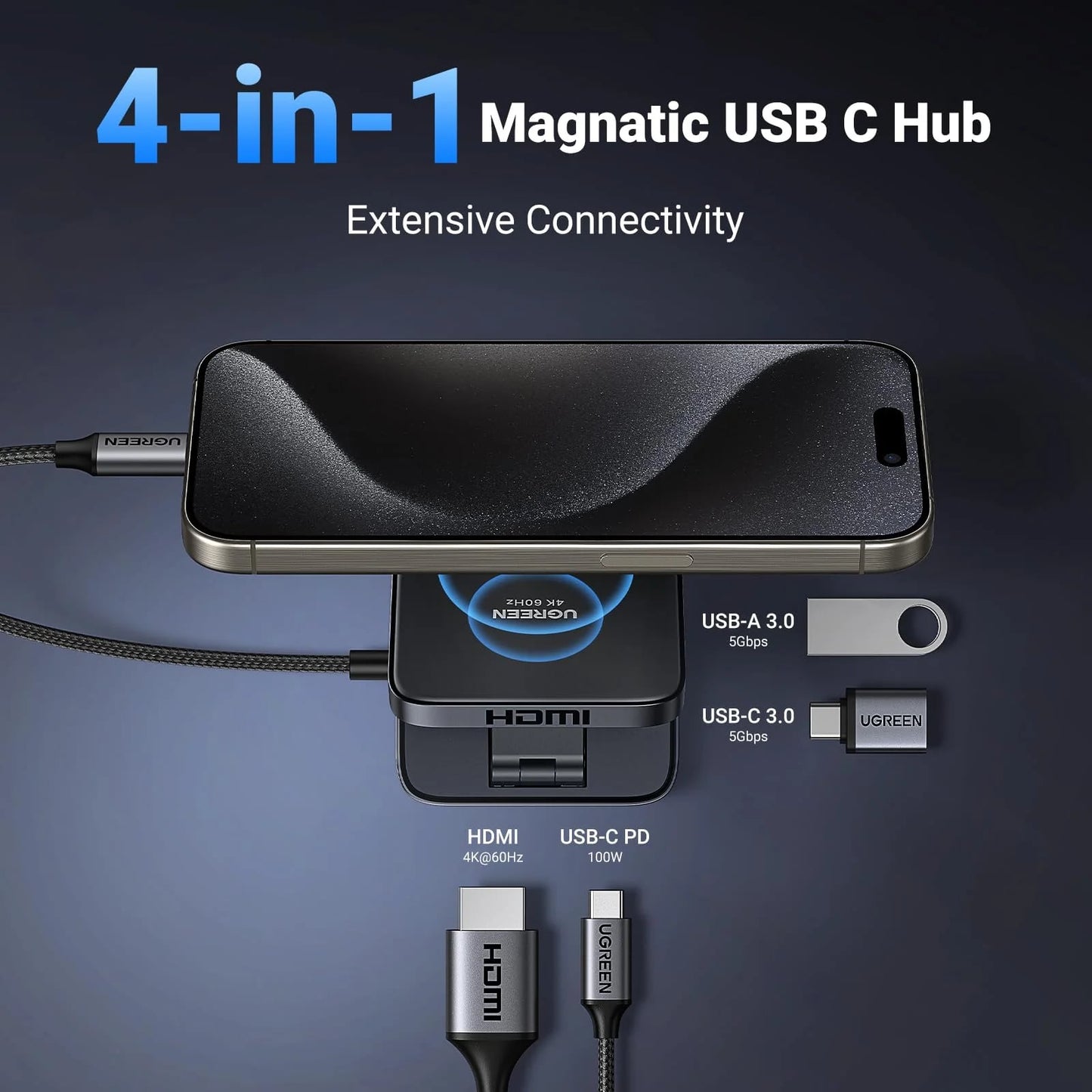 Hub USB-C UGREEN CM801, 1 x USB-A 3.0 - 2 x USB-C - 1 x HDMI, Gris