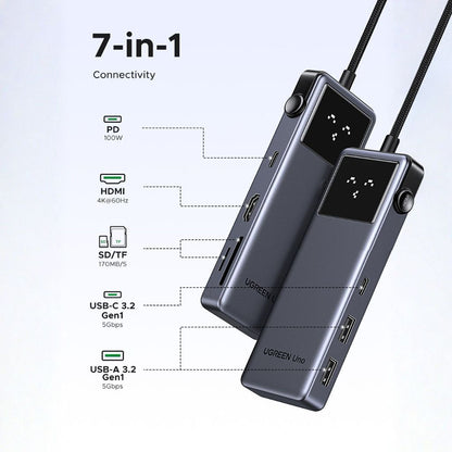 Hub USB-C UGREEN Uno (75179), 2 x USB-A - 2 x USB-C - 1 x HDMI - 1 x SD - 1 x microSD, Gris