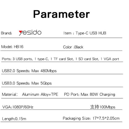 Hub USB-C Yesido HB16, 7en1, Gris